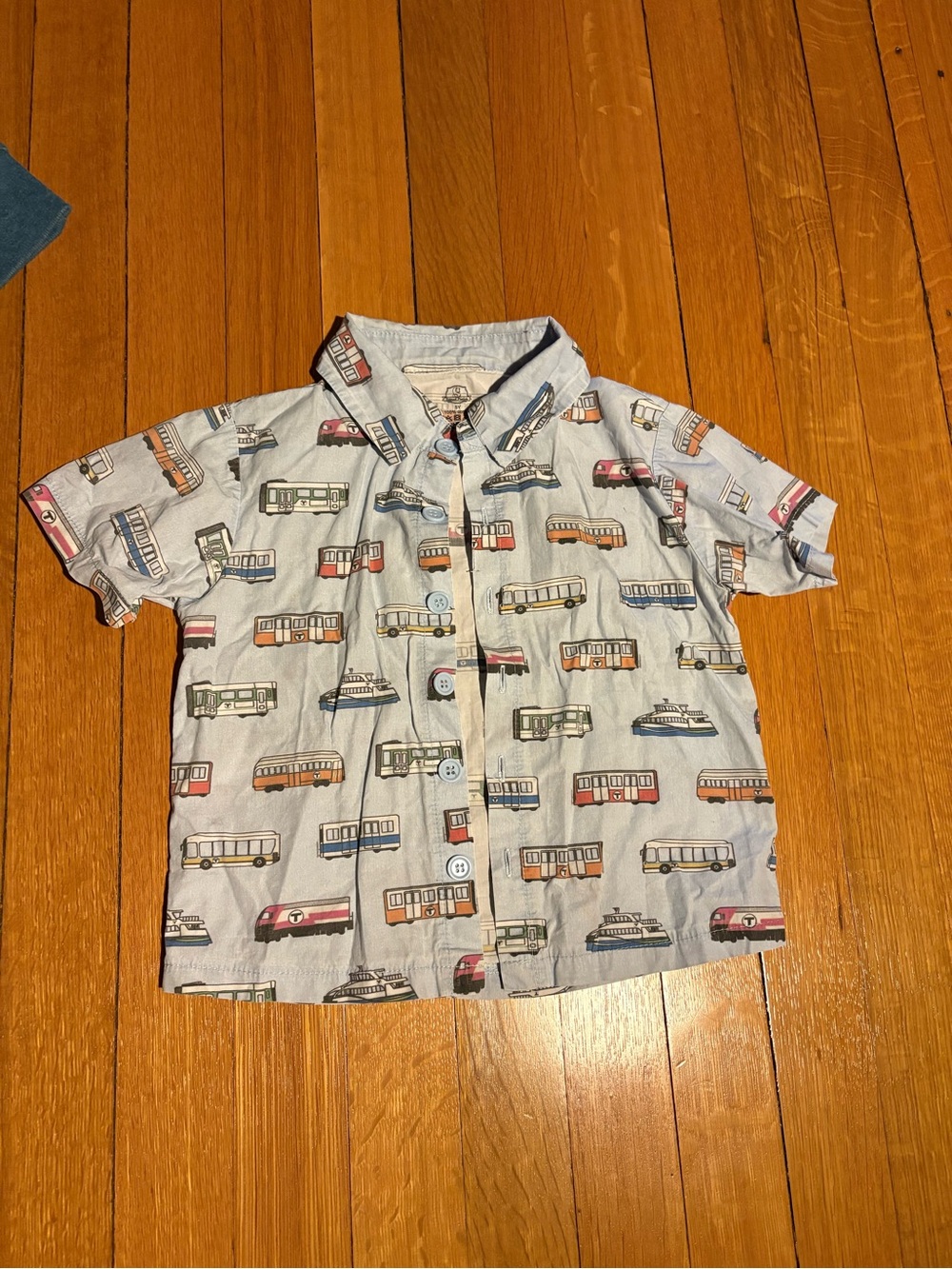 Toddler Short-Sleeve Button-Up MBTA Boston bus and train Shirt - Light Blue